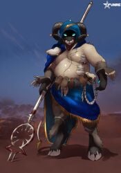 anthro asif_melech_vharr_antrelys blue_clothing bovid cape caprine clothing dried_blood gold_(metal) hi_res male mammal ombrelune overweight overweight_male rope severed_body_part severed_hand skinsuit solo tight_clothing tyunre weapon