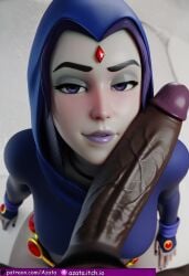 :>= absurdly_large_cock ai_generated azataai blowjob_face blue_cape blue_hood dark-skinned_male dark_penis dc dc_comics eye_contact female generalbutch_(style) grey_skin hyper_penis imminent_oral impossible_fit interracial looking_at_viewer male penis penis_on_face petite_female provocative rachel_roth raven_(dc) sweating taller_male teen_titans touching_face veiny_penis voluptuous_female