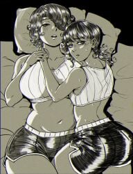2girls ass bed big_ass big_breasts breasts chainsaw_man crop_top cuddling eyepatch female female_only franicman higashiyama_kobeni himeno_(chainsaw_man) lying_on_bed midriff monochrome on_back short_shorts shorts size_difference tight_clothes tight_clothing yuri