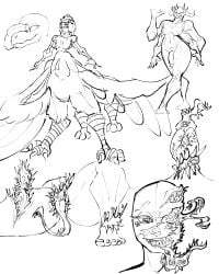 4:5 4_arms absurd_res anthro duo eldritch_abomination eldritch_being female genitals hi_res humanoid male male/female male/male megaloma-nia monochrome multi_arm multi_limb practice solo taur unusual_anatomy unusual_genitalia