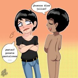 2boys argentinian_male big_head black_hair emo emo_boy emo_hair gay jeans julian_(sanz) latino latino_male male mateo_(sanz) nervous nervous_face no_visible_genitalia nude nude_male oc original short_hair spanish_text teenager toony yaoi