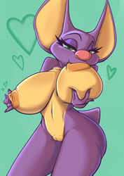 abstract_background bat bedroom_eyes big_breasts breast_fondling breasts breasts_grab female fondling green_eyes half-closed_eyes hand_on_breast heart huge_breasts joelasko laylee mammal nipple_play nipple_suck nipples purple_skin pussy seductive sucking yooka-laylee