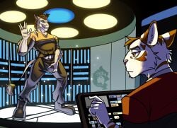 absurd_res anthro domestic_cat equid equine felid feline felis fish gesture hi_res holding_crotch hybrid male male/male male_anthro mammal marine shark smile star_trek thekinkybear transporter vulcan_salute zebra