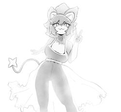 absurd_res anthro big_breasts breasts canid clothed clothing dress female fur generation_4_pokemon genitals gesture greyscale hair hand_gesture hi_res jampalanga looking_at_viewer luxray mammal monochrome nintendo pokemon pokemon_(species) pussy silhouette simple_background solo solo_focus sundress tail translucent translucent_clothing v_sign wide_hips