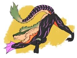 4:3 absurd_res anal anthro anus ark_survival_evolved ass ass_up blue_eyes bodily_fluids breasts challenge digital_media_(artwork) dragon erection female fur genital_fluids genitals hair hi_res horn jack-o'_pose kustrin looking_at_viewer male mammal managarmr mythological_creature mythological_scalie mythology nude pinup pose pussy scalie simple_background smile solo superplus tail teeth wings yellow_body yellow_fur