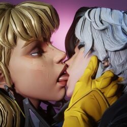 2girls 3d bangs blonde_hair french_kiss gloves kissing looking_at_another looking_at_partner luna_snow luna_snow_(marvel_rivals) magik_(illyana_rasputin) magik_(marvel_rivals) marvel marvel_rivals simple_background sweethime tongue two_tone_hair x-men yuri