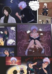 ahe_gao ahegao_face andyl1yart bleach caught caught_cumming caught_in_the_act caught_masturbating caught_while_cumming embarrassed embarrassed_expression embarrassed_female female female_masturbation hanataro_yamada kotetsu_isane masturbation night punch punching punching_face secretly_masturbating squirting text unconscious unconscious_male unohana_retsu