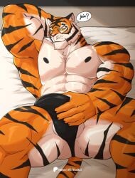 5_fingers abs anatake anthro areola balls biceps black_areola black_clothing black_nipples black_underwear bottomwear bulge claws clothed clothing digital_media_(artwork) english_text epic_games felid finger_claws fingers flaccid forearm_muscles fortnite fur genitals hand_behind_head hand_on_bulge hand_on_penis hi_res looking_at_viewer male male_focus male_only mammal multicolored_body multicolored_fur muscular muscular_anthro muscular_male muscular_thighs nipples orange_body orange_fur oscar_(fortnite) pantherine pecs penis question solo solo_male speech_bubble striped_body striped_fur stripes tail text tiger underwear underwear_only white_body white_fur wolfblack2543 wolfblack43 yellow_sclera