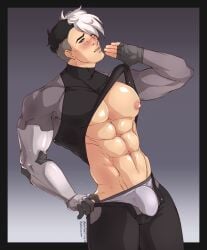 abs bara big_nipples big_pecs big_pectorals bishonen blush bulge exposed_pecs exposed_torso flustered flustered_male halationart lifting_own_clothes light_skin male mechanical_arm muscular muscular_chest muscular_male short_hair six_pack takashi_shirogane toned_abs turtleneck unbuttoned_pants underwear voltron wide_shoulders yaoi