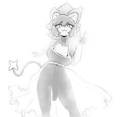 absurd_res anthro big_breasts big_penis breasts canid clothed clothing dress fur generation_4_pokemon genitals gesture greyscale gynomorph hair hand_gesture hi_res intersex jampalanga looking_at_viewer luxray mammal monochrome nintendo penis pokemon pokemon_(species) silhouette simple_background solo solo_focus sundress tail translucent translucent_clothing v_sign wide_hips