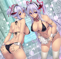 2girls apron ass ass_grab back bare_shoulders bikini breasts butt_crack cleavage detached_collar female female_only horns houtengeki indoors large_breasts long_hair looking_at_viewer maid maid_bikini maid_headdress multiple_girls navel original pointy_ears purple_eyes purple_hair short_hair short_twintails sideboob smile thighhighs twintails very_long_hair waist_apron white_legwear wrist_cuffs