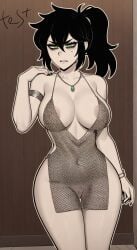 ai_assisted ai_generated armlet backless_outfit bare_legs bare_shoulders black_hair black_nails bracelet green_eyes mesh_clothing milf monochrome necklace renee_graves reneenjoyer silver_dress the_coffin_of_andy_and_leyley