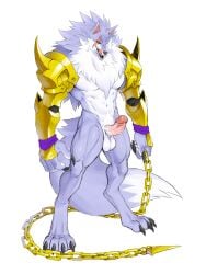 3:4 absurd_res anthro arm_guards balls bodily_fluids canid canine canis chains claws erection facial_scar fangs finger_claws fur genital_fluids genitals gold_(metal) gold_chain grey_body grey_fur hi_res humanoid_genitalia iroh_(rivals_of_aether) kemono male mammal multicolored_body multicolored_fur muscular muscular_anthro muscular_male nude nude_anthro nude_male penis precum rivals_of_aether rossciaco scar simple_background solo teeth toe_claws tongue tongue_out two_tone_body two_tone_fur white_background white_body white_fur wolf