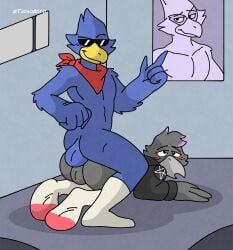 anal anal_sex anal_sex anthro anthro_on_anthro avian corvid crow daryl_(cringebird) falco_lombardi falcon furry hoodie male male/nonbinary nonbinary on_bed poster sex socks sunglasses tadaoardo tagme