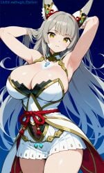 1girls absurdly_long_hair aegis_elysium ai_art ai_generated alternate_breast_size armpits arms_behind_head arms_up ass background blush breasts breasts_bigger_than_head cleavage core_crystal day dress earrings female female_focus gem gradient gradient_background grey_hair hair_ornament headpiece highres huge_breasts jewelry large_breasts long_hair nekomimi nia nia_(blade) nia_(blade)_(xenoblade) nia_(xenoblade) night nintendo older outdoors sexy silver_hair sky solo_focus standing stars swept_bangs thighhighs thighs tiara water watermark xenoblade_(series) xenoblade_chronicles_(series) xenoblade_chronicles_2 yellow_eyes