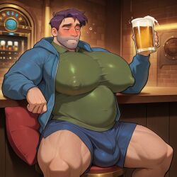 1boy ai_generated alcohol alcoholic_drink bar bara beer big_nipples big_pecs drunk gayafgramsci huge_pecs male male_focus male_only pecs shane_(stardew_valley) stardew_valley yaoi