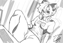 bedroom bedroom_eyes exposed_pussy female furry gamer gamer_chair gamer_girl glasses i_listened_to_doom_music_making_this_shit keyboard keyboard_(computer) monitor new_artist panda_girl pussy shirt short_hair signature signature_artist_name sketch thick_thighs