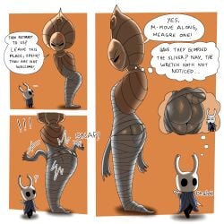 absurd_res accident accidental_exposure ambiguous_gender angry anthro arthropod arthropod_abdomen ass bent_over big_butt black_body black_eyes blush bodily_fluids bound cloak clothed clothing cross-popping_vein dhalek duo english_text female frown glistening glistening_body godseeker hi_res hollow_knight horn huge_butt humanoid insects mask simple_background size_difference sweat sweatdrop team_cherry text the_knight_(hollow_knight) torn_clothing vessel_(species)