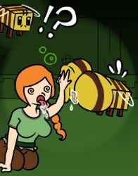 2animals alex_(minecraft) bee bee_(minecraft) big_ass big_butt clothed clothed_female female green_background implied_rimming minecraft minecraft_mob orange_hair rimjob rimming saliva side_braid status_effect swirly_eyes vanveleca zoophilia