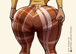 ass ass_expansion big_ass big_butt blue_eyes blush bottom_heavy brown_female brown_hair bubble_butt butt_expansion dialogue earrings expansion female fully_clothed grabbing_own_ass huge_ass large_ass mario_(series) orange_pants pants pantylines pawg princess princess_daisy royalty tail-blazer