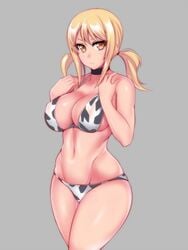 1girls animal_print bikini black_choker blonde_hair breasts choker cleavage closed_mouth cow_print cowboy_shot curvy fairy_tail groin halter_top halterneck hevn large_breasts looking_at_viewer low_twintails lucy_heartfilia navel print_bikini solo stomach swimsuit twintails v-shaped_eyebrows yellow_eyes