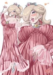 1girls blonde_hair blue_eyes blush close-up clothing crown dress ear_piercing earrings eyeshadow female female_only footwear hair hair_over_one_eye headwear heart heart heels high_heels holding_object legs lips mario_(series) nail_polish nails naughty_face nintendo nipples nipples_visible_through_clothing parted_lips ponytail princess_rosalina purple_nail_polish purple_nails red_dress see-through see-through_clothing solo solo_female sweat sweatdrop thick_lips tied_hair tongue tongue_out wand yamino_ekakinin