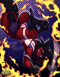 anthro axelspike balls black_hair bottomwear canid canine clothing cyrus_nightfire embarrassed_nude_femboy falling feet femboy fire fox fur genitals hair loincloth male mammal melee_weapon pawpads paws red_body red_fur solo surprised_expression sword wardrobe_malfunction weapon