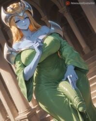 1futa abs ai_generated big_breasts blonde_hair blue_eyes blue_skin blush breasts bulge curvy curvy_figure dickgirl dominatrix dress dripping_precum female from_below futa_only futanari green_dress high_resolution highres huge_balls huge_breasts huge_cock huge_testicles indoors leaning_forward looking_at_viewer mystical_elf pants penis penis_bulge precum smooth_skin solo solo_focus solo_futa spectreai teacher thick thick_ass thick_legs thick_thighs thighs tight_clothing yu-gi-oh!