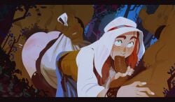 2boys1girl ass bent_over blowjob blue_eyes dark-skinned_male dress_lift fellatio female forest incase looking_up male male/male/female pale-skinned_female red_hair skirt_lift spitroast sucking_penis threesome veil