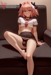 1boy 2d ai_generated ass bangs bare_shoulders barefeet big_ass black_bow bow braid bulge crossdressing crossdressing_male erection erection_under_clothes erophoenix feet full_body long_hair looking_at_viewer looking_back male male_focus multicolored_hair navel nude oerba_yun_fang otoko_no_ko pale_skinned_male patreon_username penis pink_hair purple_eyes single_braid smile soles solo solo_male spread_legs streaked_hair sweat thick thick_thighs toes uncensored underwear
