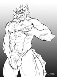 2017 anthro crazydrak dated dragon ear_frill facial_piercing flaccid frill_(anatomy) front_view genital_piercing genitals gradient_background grin looking_at_viewer male monochrome multiple_piercings muscular muscular_anthro muscular_male mythological_creature mythological_scalie mythology nipple_piercing nipples nose_piercing nose_ring nude penis penis_piercing piercing portrait presenting presenting_penis prince_albert_piercing ring_piercing scalie septum_piercing septum_ring signature simple_background smile solo standing three-quarter_portrait