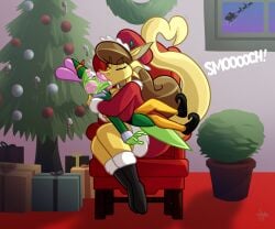 1boy 1girls 2d 2d_(artwork) age_difference arms_around_partner brown_hair chair christmas christmas_clothing christmas_outfit christmas_tree closed_eyes digital_drawing_(artwork) digital_media_(artwork) dragon dragon_girl dragon_tail elf_costume elf_outfit gift gift_box green_body green_skin jamearts jimmy’s_sloppy_life jimmy_(jamearts) kiss_mark kissing lizard lizard_tail lizardman long_hair mwah older_female older_female_and_younger_male pink_lips pink_lipstick pink_lipstick_mark presents rebecca_(jamearts) sitting sitting_on_chair sitting_on_lap sled smooch student student_and_teacher teacher teacher_and_student yellow_body yellow_skin younger_male