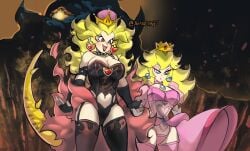 2girls amartbee blue_eyes bowser bowsette choker crown earrings female garter_straps leotard lingerie mario_(series) nintendo princess_peach red_eyes skirt spiked_collar tail thighhighs