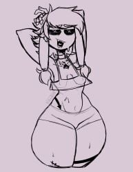 big_thighs corpse curvy_figure cyn_(murder_drones) cyntessa_(murder_drones) female female_only flat_chest monochrome morning murder_drones nipples nipples_visible_through_clothing possessed possession robot robot_girl robot_humanoid shorts sketch small_breasts stretching tattoo thicc_thighs transparent_clothing zekaitk484