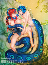 ahe_gao blue_hair breasts coiled exposed_breasts green_eyes green_hair high_school_dxd lamia nipples psychowolf red_hair rias_gremory swimsuit xenovia_quarta yellow_eyes