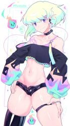 bra bulge clothing collar femboy lio_fotia looking_at_viewer midriff oyasaiiis promare skinny thick_thighs twink
