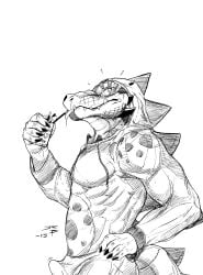 2015 alex_(jrbart) alligator alligatorid anthro bodily_fluids cheek_spikes clothed clothing crazydrak crocodilian dated drooling eating erection erection_under_clothing facial_spikes fangs food glistening glistening_eyes half-length_portrait hand_on_hip hi_res holding_food holding_object male monochrome mouth_closed onesie portrait reptile saliva scalie side_view signature simple_background snot solo spikes spikes_(anatomy) standing teeth tongue tongue_out