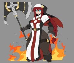 agatha_(bak_stolb) armor axe bak_stolb fire hair_tied nun red_hair