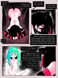 absurd_res anthro anus armwear begging blue_eyes blue_hair bowing breasts clothing colored_nails comic duo emoticon felid female female/female fingernails flat_chested genitals girl_a girl_b hair hi_res inner_monologue legwear mammal masochism nails nipples nude pattern_armwear pattern_clothing pattern_legwear piercing ponporio pussy red_eyes red_fingernails red_hair red_nails striped_armwear striped_clothing striped_legwear stripes tail the_disappearance_of_girl_a thinking tongue