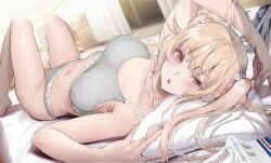 barefoot bed blonde_hair blush book close-up gentsuki long_hair navel original panties red_eyes sports_bra streched underwear