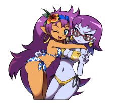 2girls ass asymmetrical_docking barely_clothed big_breasts bikini blue_eyes breast breast_press breasts cleavage cute dark-skinned_female dark_skin dutch_angle female female_only fit_female flower_in_hair genie hoop_earrings hugging long_hair looking_at_viewer niyuyu peace_sign pinup pointy_ears purple_body purple_hair red_eyes risky_boots shantae shantae_(character) side_hug small_breasts smile sunglasses tied_bikini v very_long_hair wink