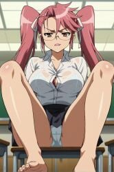 ai_generated barefoot breasts brown_eyes classroom desk feet female glasses hair_ribbon indoors large_breasts long_hair on_desk panties pantyshot pink_hair ribbon school_desk school_uniform see-through shirt sitting skirt solo toes twintails underwear