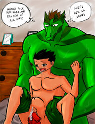 2boys bara brook bulging cum diphallia diphallism furry human male male_only multi_penis penis precum reptile reptilian size_difference stomach_bulge text uncensored yaoi zen4don