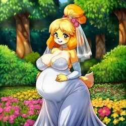 ai_generated animal_crossing animal_crossing_girl anthro bride bride_gown canid canine canis domestic_dog female furry isabelle_(animal_crossing) lazybonesai pregnant pregnant_bride pregnant_female wedding_dress wedding_veil yellow_hair
