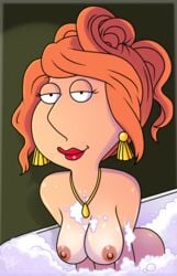 1girls badbrains bathroom bathtub breasts earrings family_guy female kneeling light_skin lois_griffin long_hair looking_at_viewer loose_lois medium_breasts milf naked necklace nipples orange_hair porn_star red_lipstick shower smiling soap_bubbles solo