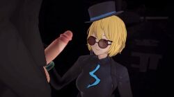 1boy 1girls 3d_animation animated balls black_gloves blonde_hair breasts clothing condom don_quixote_(limbus_company) earring erection female glasses gloves hat headwear huge_cock jacket jacket_on_shoulders lightning_symbol limbus_company male mosaic_censoring no_sound penis penis_out project_moon qipao round_glasses smile surprised tagme tilted_headwear tinted_eyewear video yellow_eyes