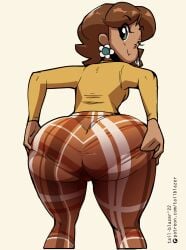 ass ass_expansion ass_focus big_ass big_butt blue_eyes blush bottom_heavy brown_female brown_hair bubble_butt butt_expansion close-up dialogue earrings expansion female fully_clothed huge_ass large_ass looking_at_viewer mario_(series) orange_pants pants pantylines pawg princess princess_daisy royalty tail-blazer