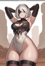 1female ai_generated bob_cut female female_only front_view gloves hand_on_head mask mature_female mature_woman nier nier:_automata nier_(series) secret_room12 shiny_skin short_hair stable_diffusion standing stockings video_game video_game_character video_games wet wet_body wet_skin white_hair yorha_2b
