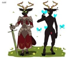 5:4 absurd_res animal_humanoid armor arthropod balls black_body black_nails butterfly colored_nails deer doubt_(thedo_ubt) dungeons_and_dragons ear_piercing ear_ring fan_character flower genitals grass hasbro hi_res hooves horn humanoid insects jewelry lepidopteran magic male mammal melee_weapon moss multiple_angles nails new_world_deer nude one_eye_closed outside penis piercing plant reindeer ring_piercing simple_background solo standing sword weapon white_background wink wizards_of_the_coast