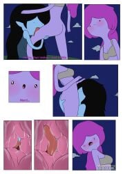 2girls adventure_time ass black_hair blush bottomless bottomless_female bra brewdie cartoon_network comic cunnilingus dialogue female female_only grey_body grey_skin inside_view licking marceline pink_body pink_hair pink_skin princess_bubblegum pussy tagme text tongue tongue_fuck vampire vampire_girl yuri